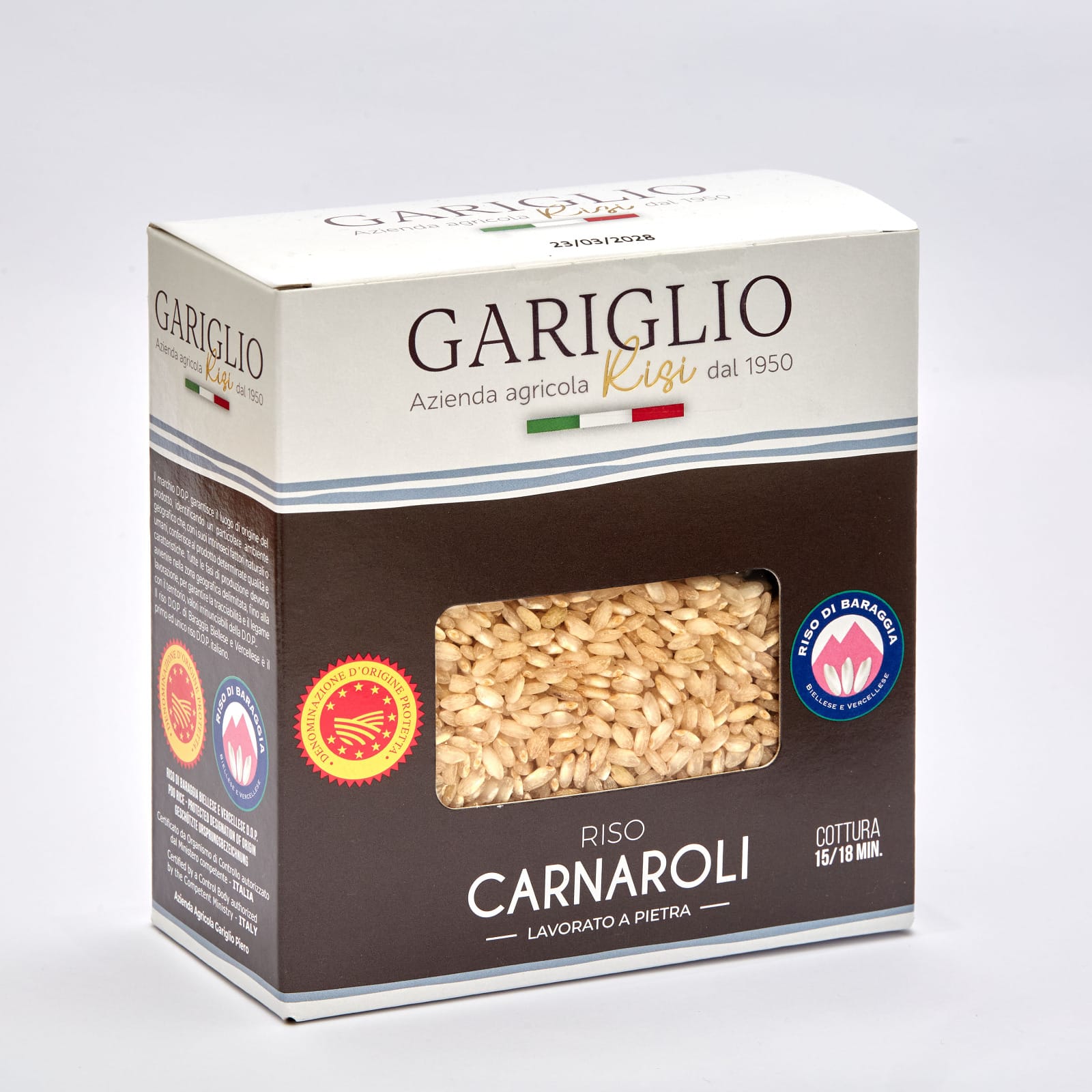 riso-carnaroli-dop-500g-fronte Riso Carnaroli DOP lavorato a pietra 500 g - fronte confezione